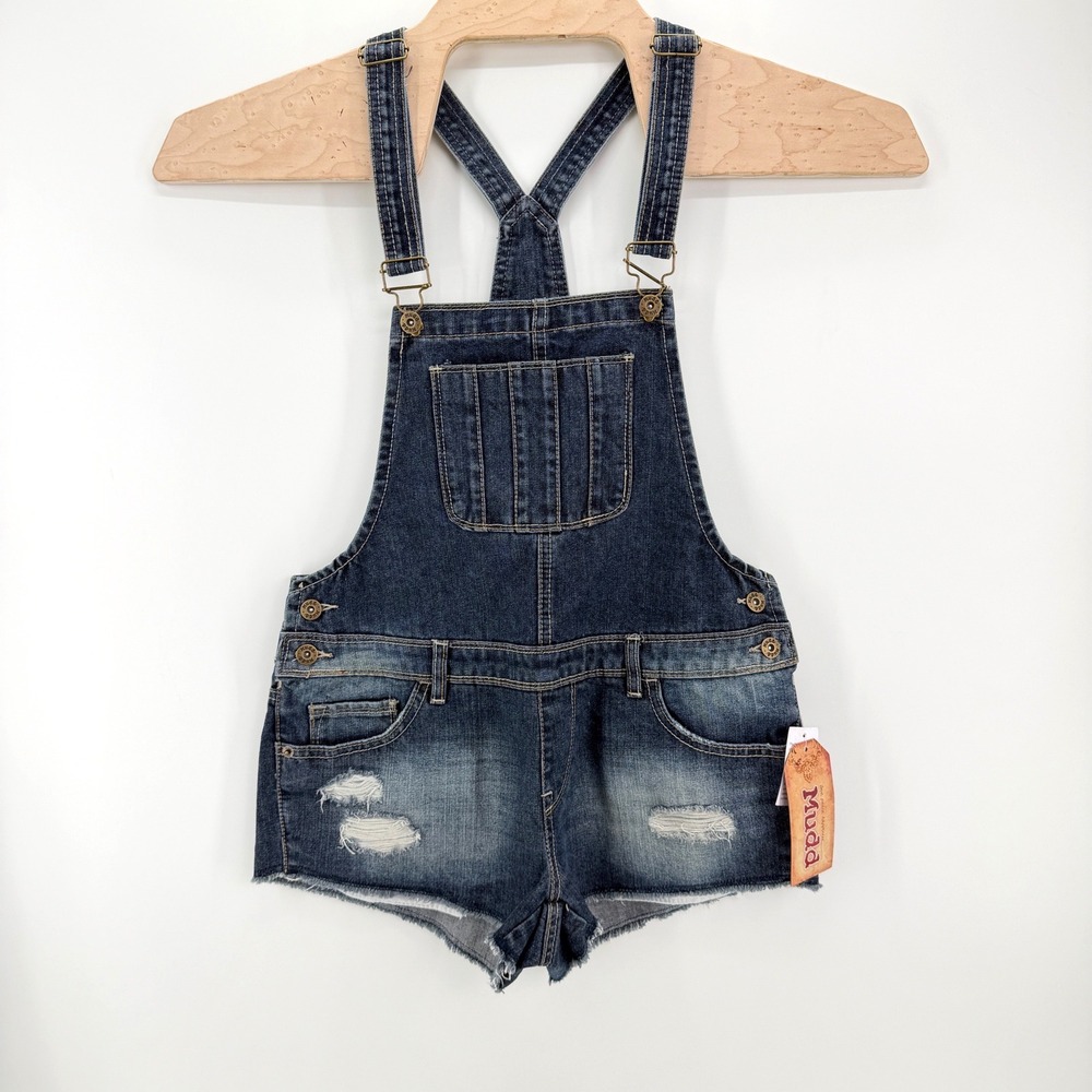 Mudd Denim Shortalls Women M Blue Y2K Distressed Frayed Hem Bib Overalls NEW